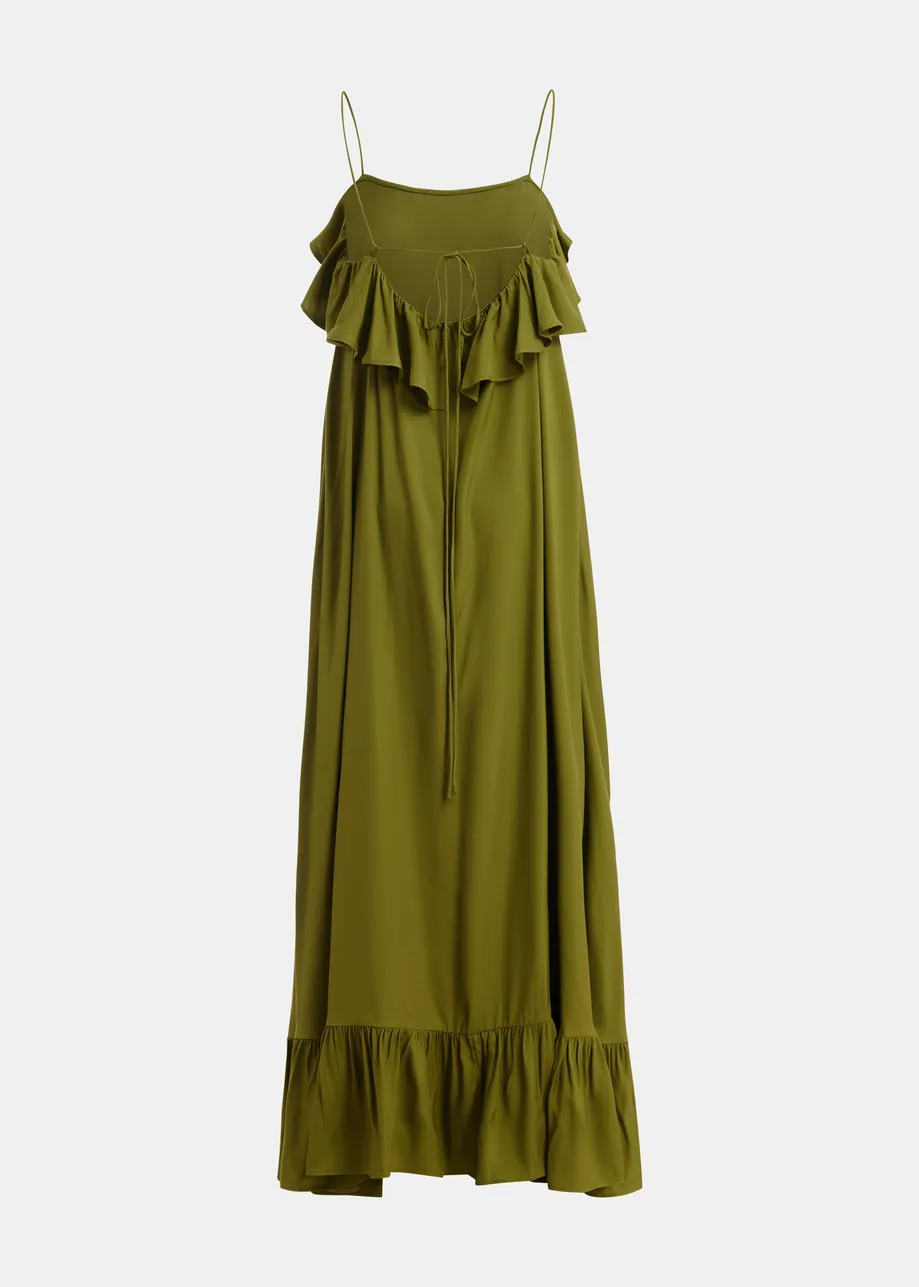Green maxi dress with ruffled neckline and tie-back detail
