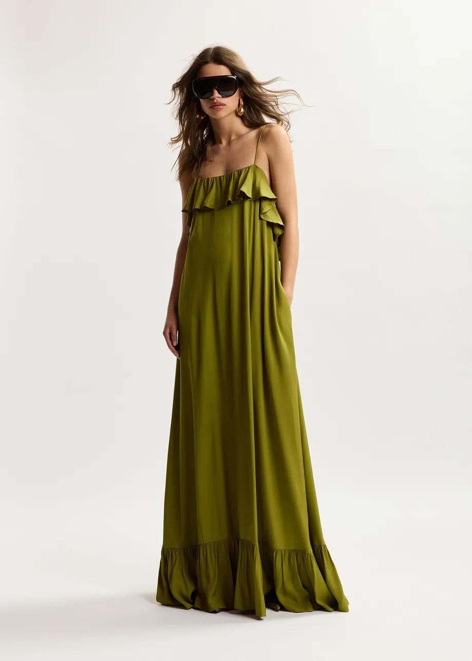 Green maxi dress with ruffled neckline and tie-back detail
