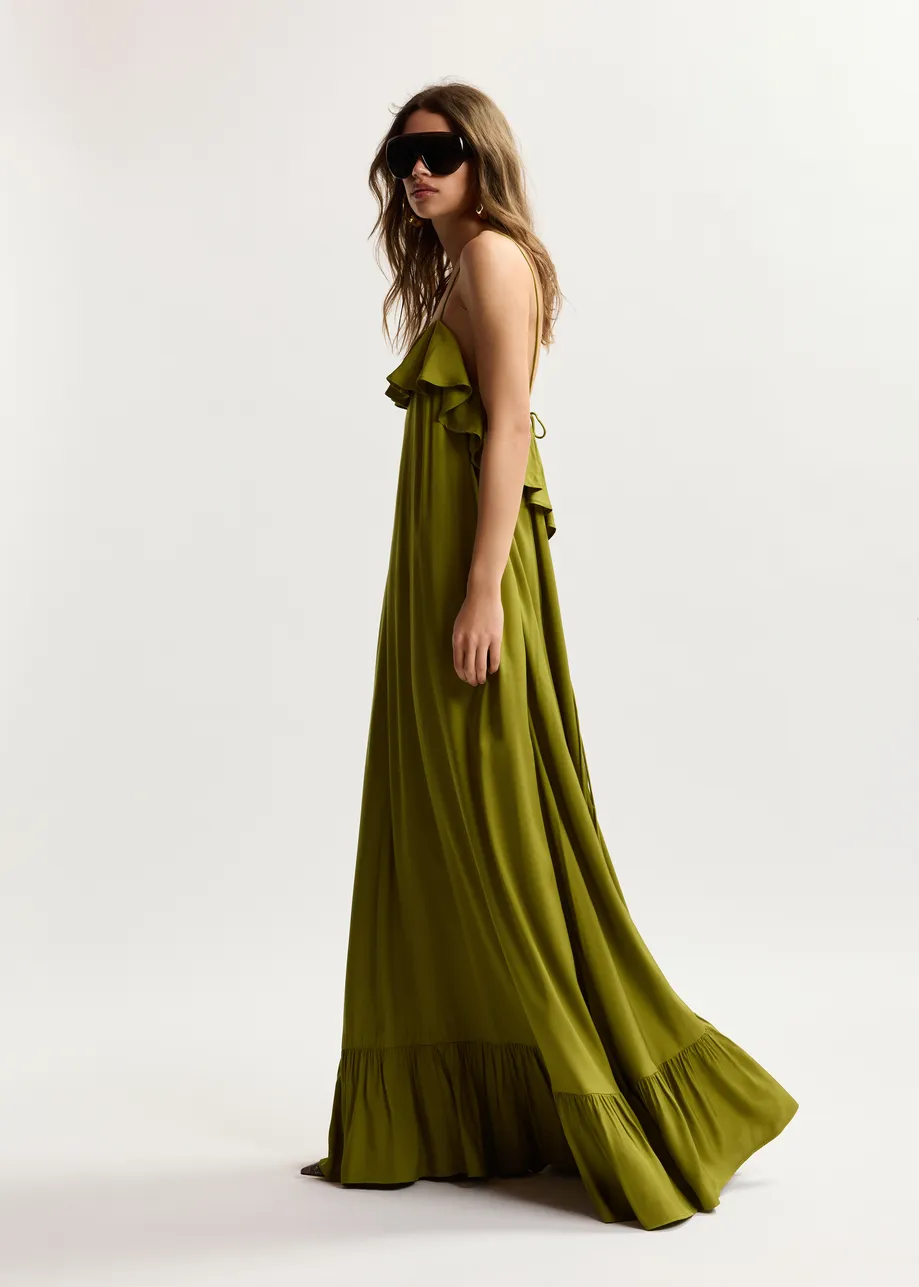 Green maxi dress with ruffled neckline and tie-back detail