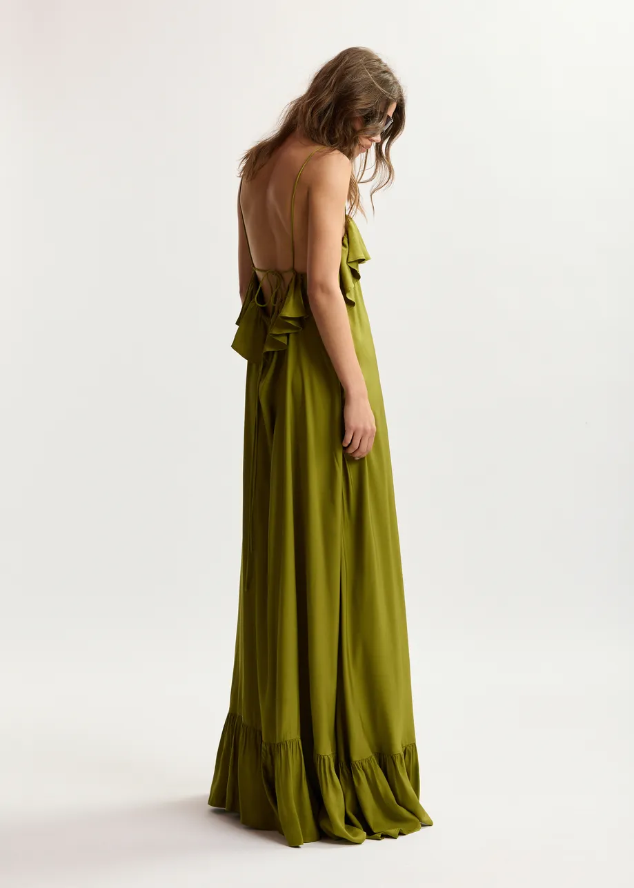 Green maxi dress with ruffled neckline and tie-back detail