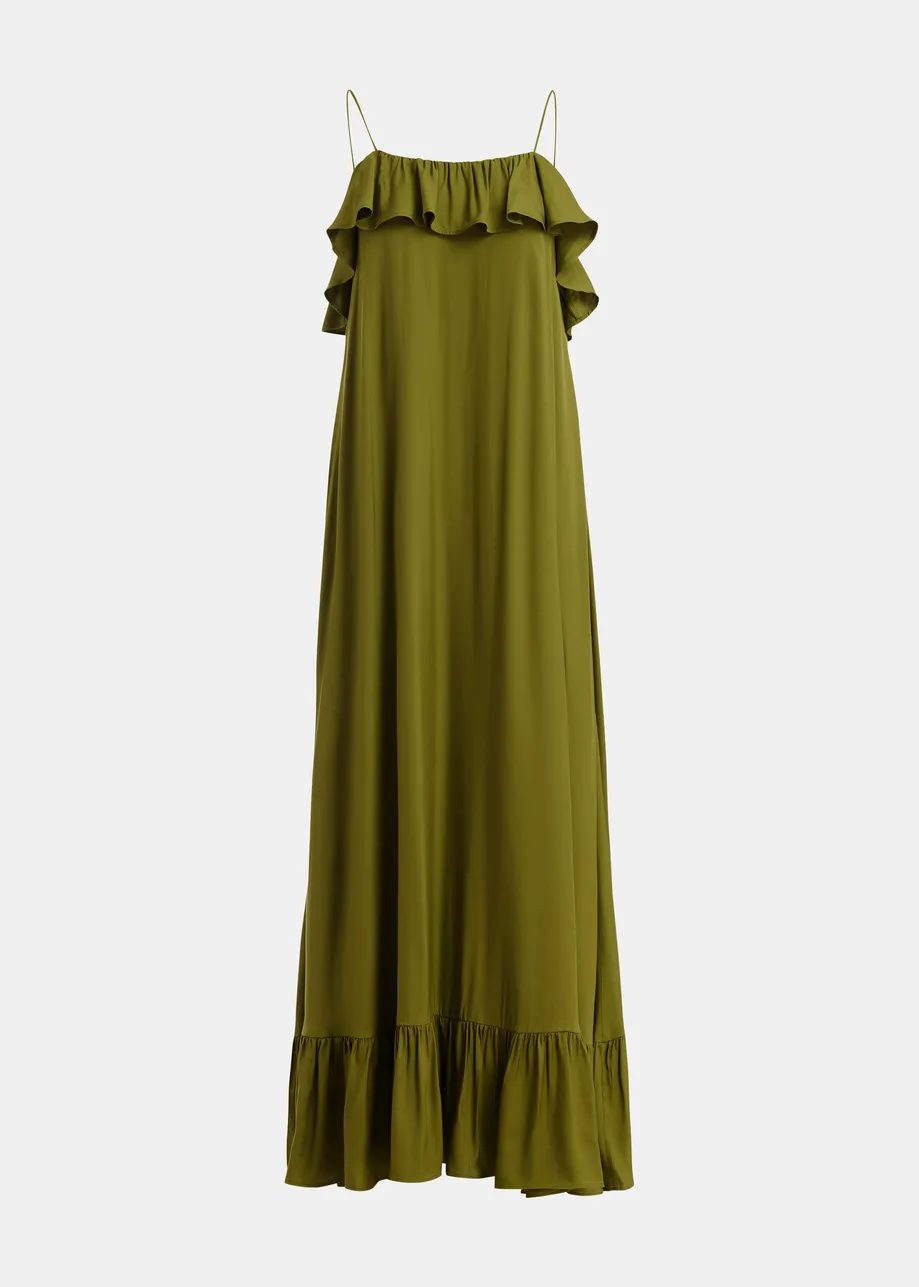 Abito lungo verde con scollo a balze e dettaglio con laccetti sulla schiena