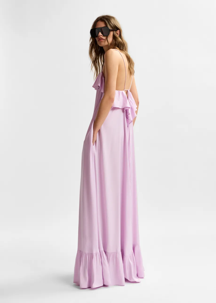 Lilac maxi dress with ruffled neckline and tie-back detail