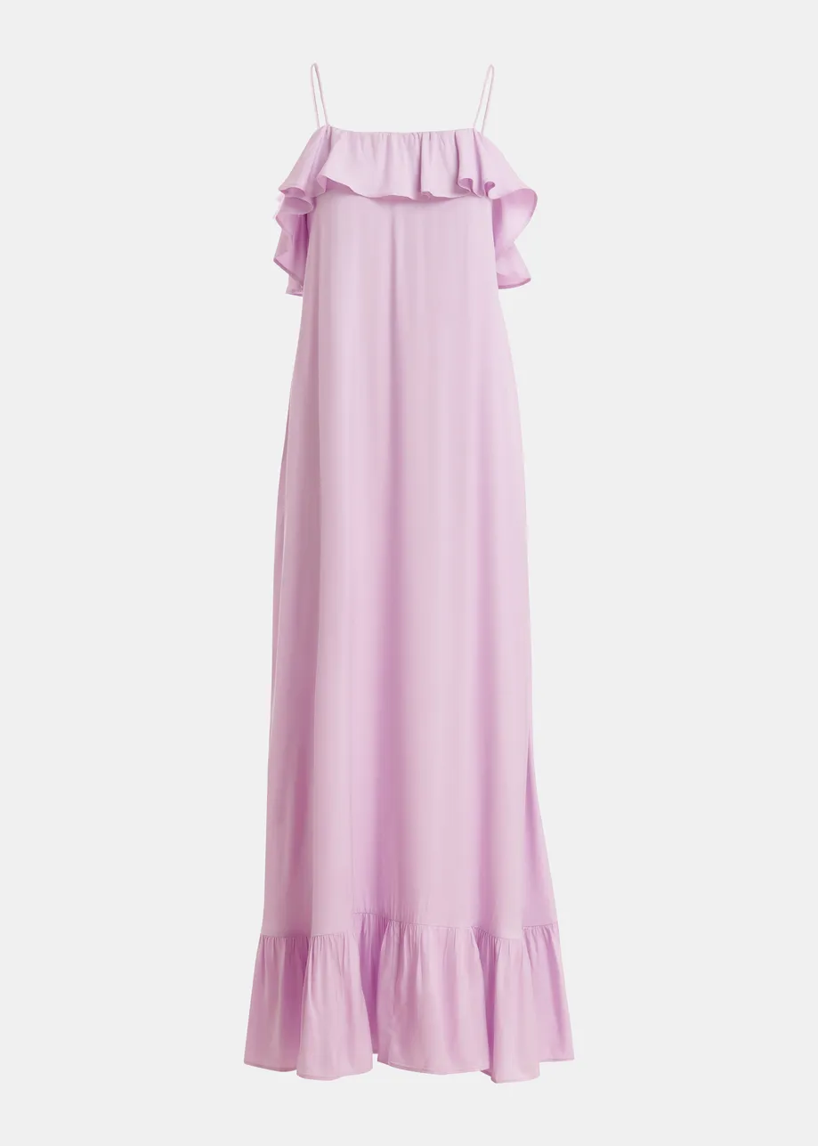 Abito lungo lilla con scollo a balze e dettaglio con laccetti sulla schiena