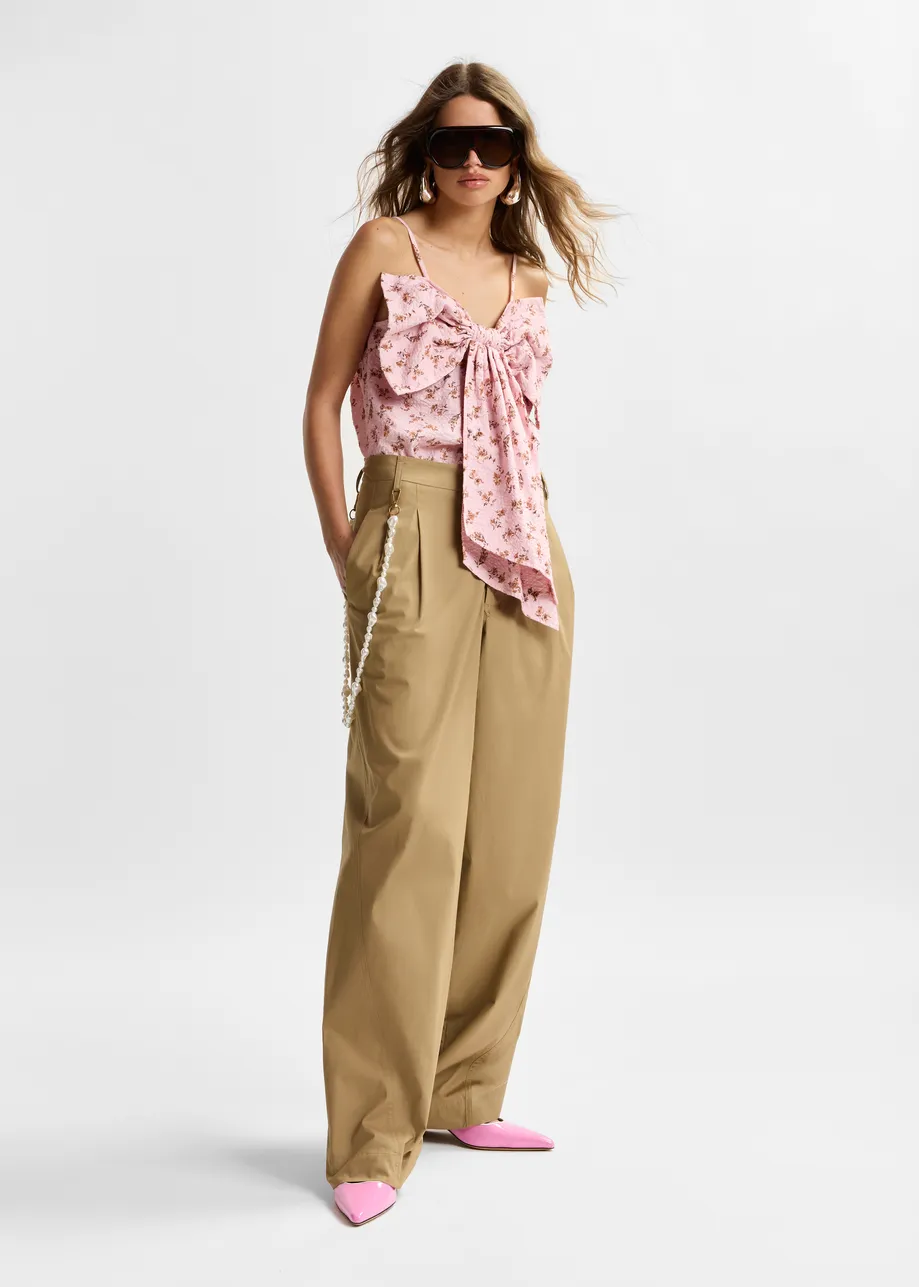 Camel tapered-leg cotton pants with detachable pearl belt