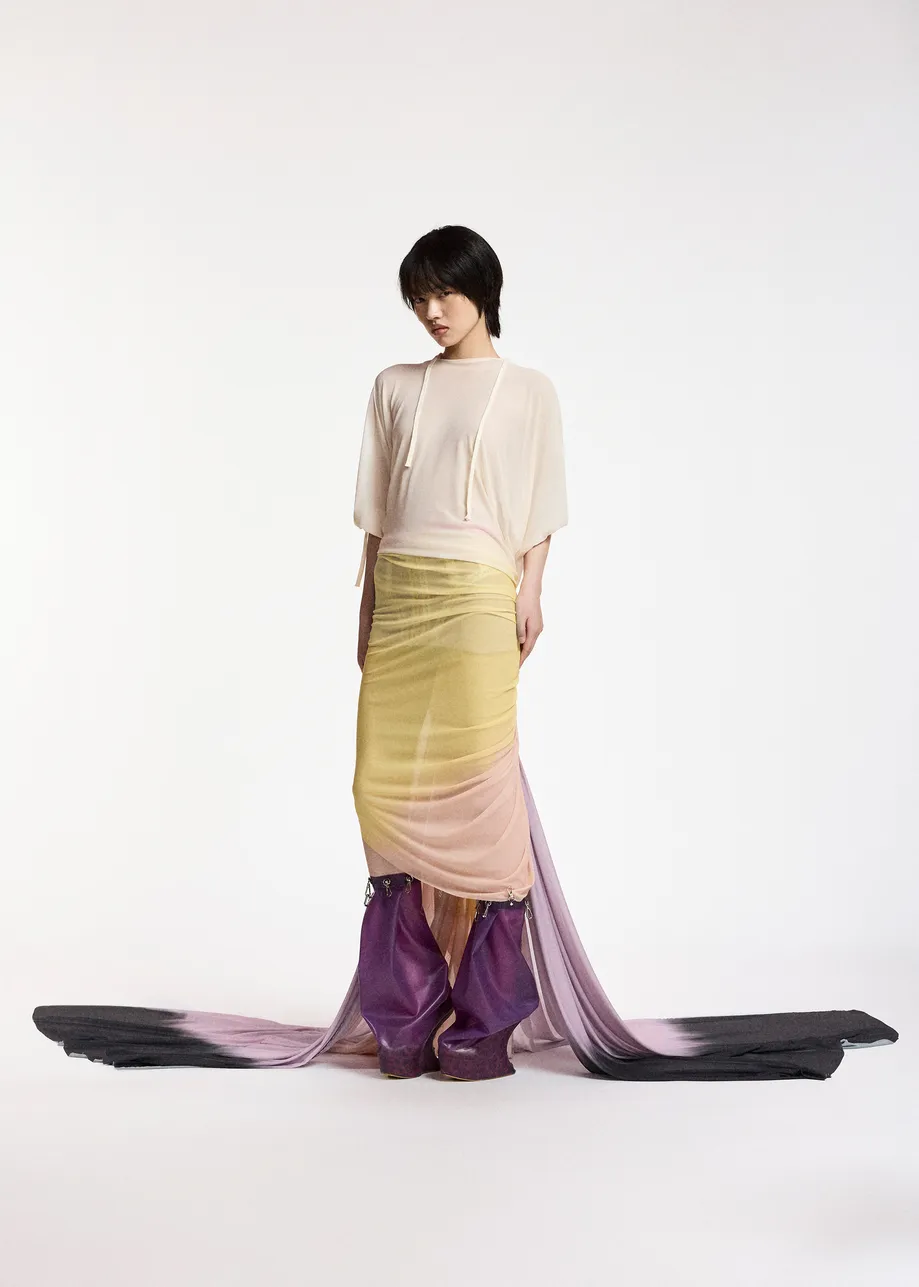 Mehrfarbiges, asymmetrisches und drapiertes Batik-Maxikleid mit Kapuze