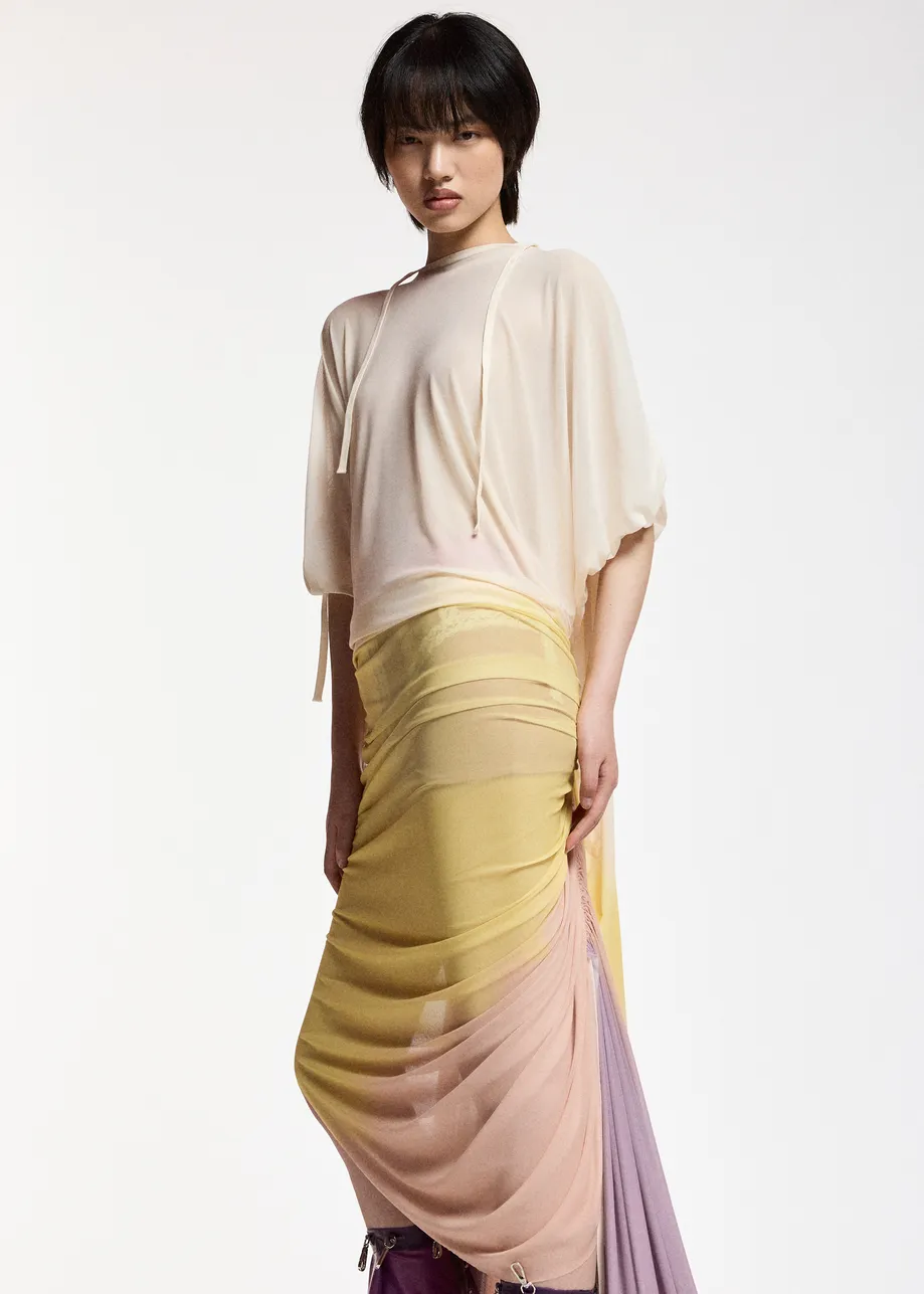 Mehrfarbiges, asymmetrisches und drapiertes Batik-Maxikleid mit Kapuze