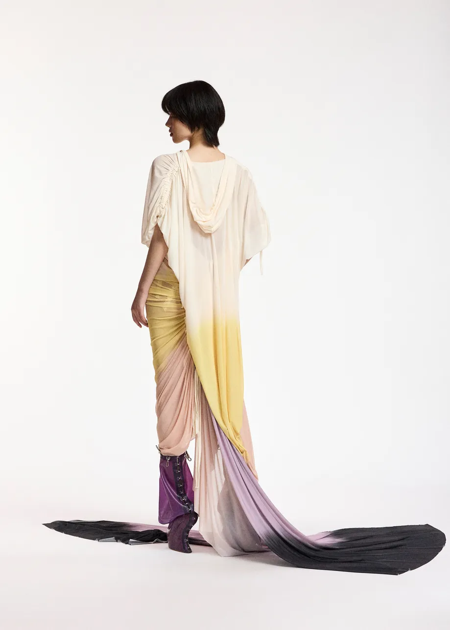 Mehrfarbiges, asymmetrisches und drapiertes Batik-Maxikleid mit Kapuze