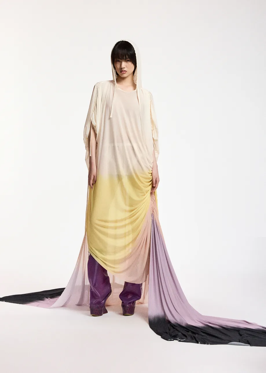 Mehrfarbiges, asymmetrisches und drapiertes Batik-Maxikleid mit Kapuze