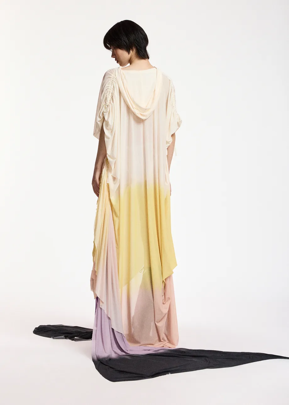 Mehrfarbiges, asymmetrisches und drapiertes Batik-Maxikleid mit Kapuze