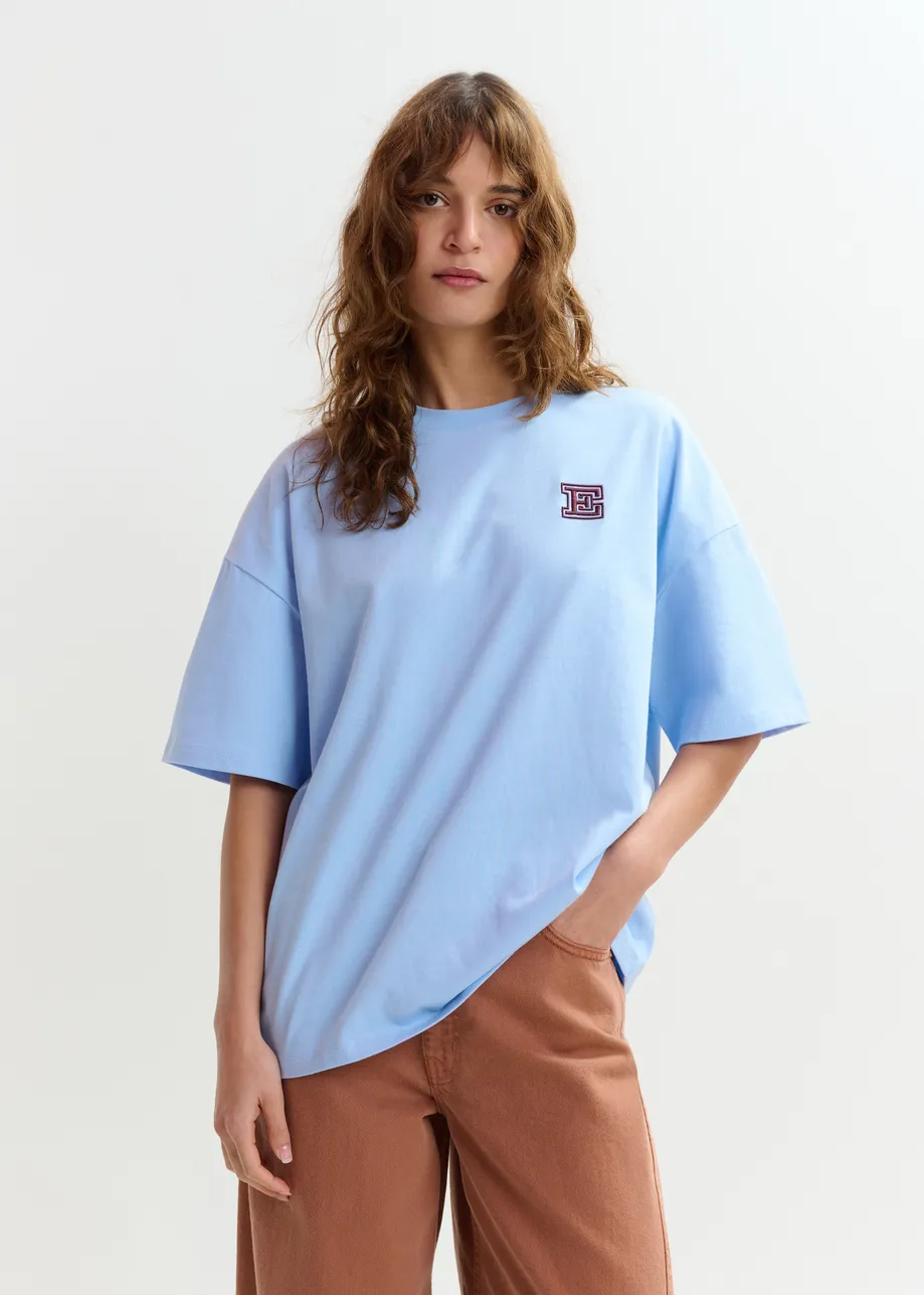 Blue cotton T-shirt with 'E' embroidery