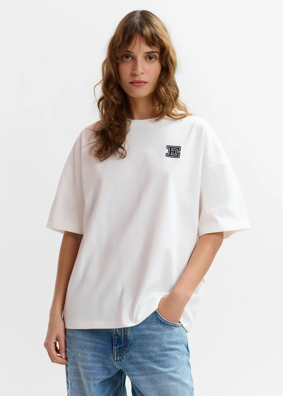 Beige cotton T-shirt with 'E' embroidery