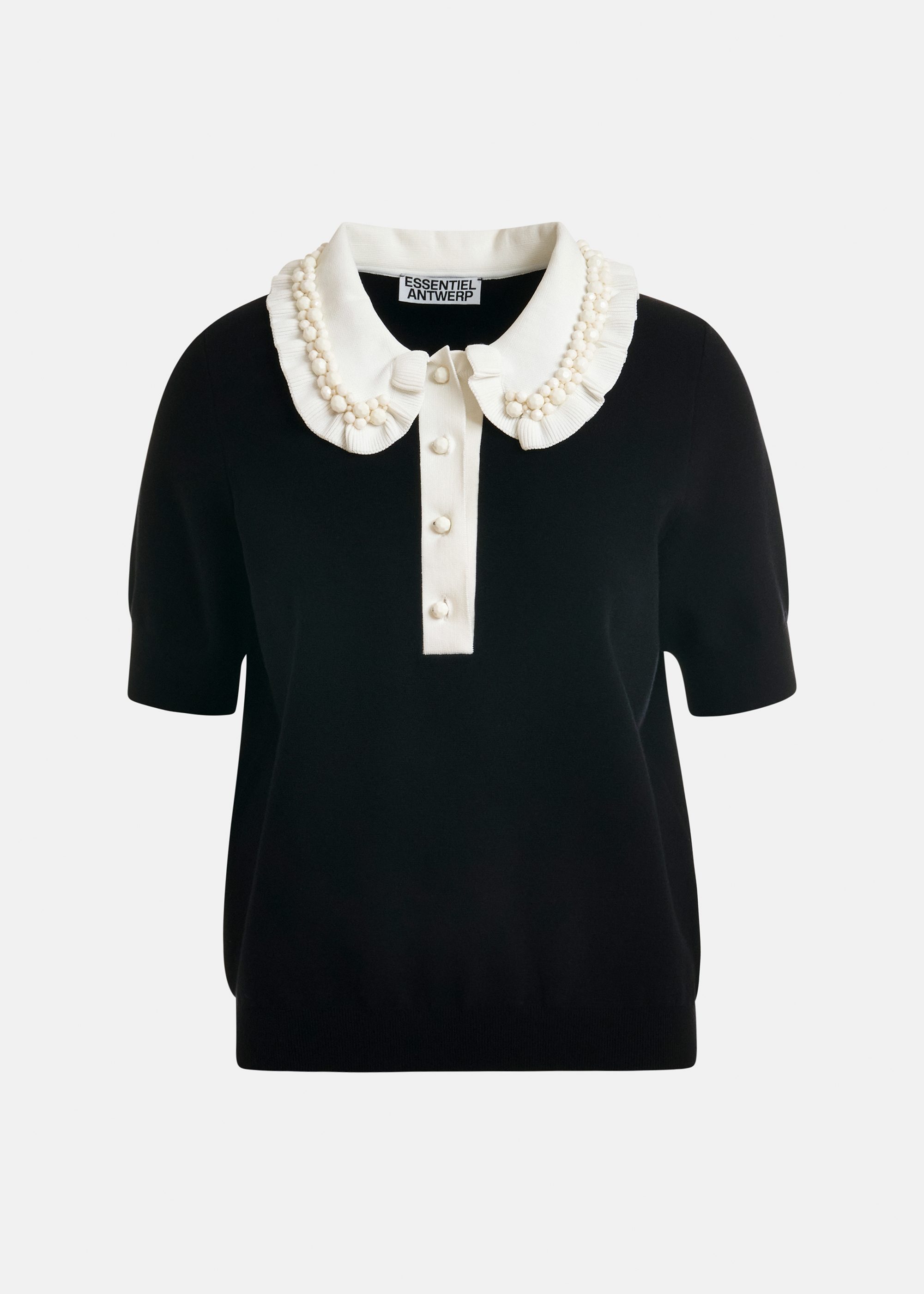 Black and off-white ruffle fine-knit polo top with bead