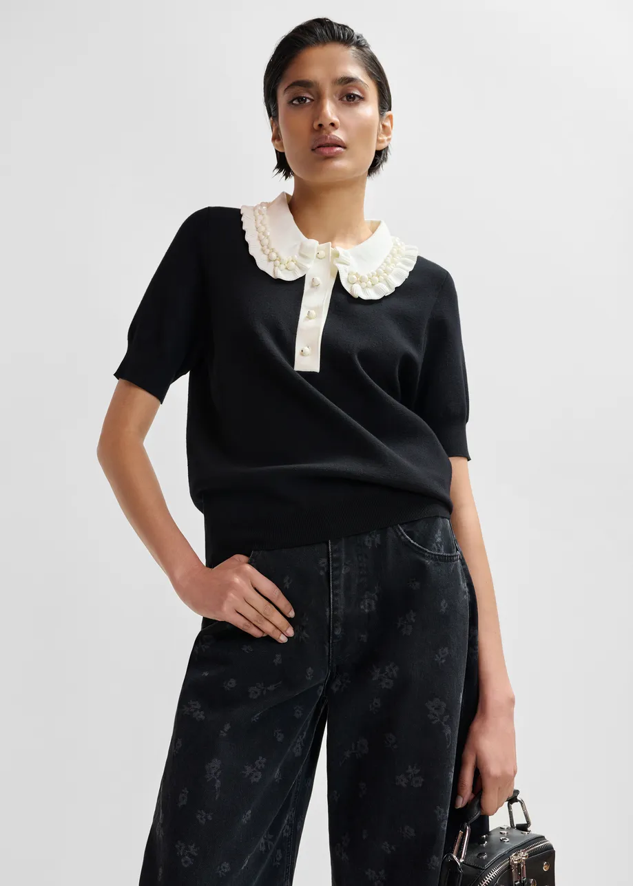 Black and off-white ruffle fine-knit polo top with bead embellishments