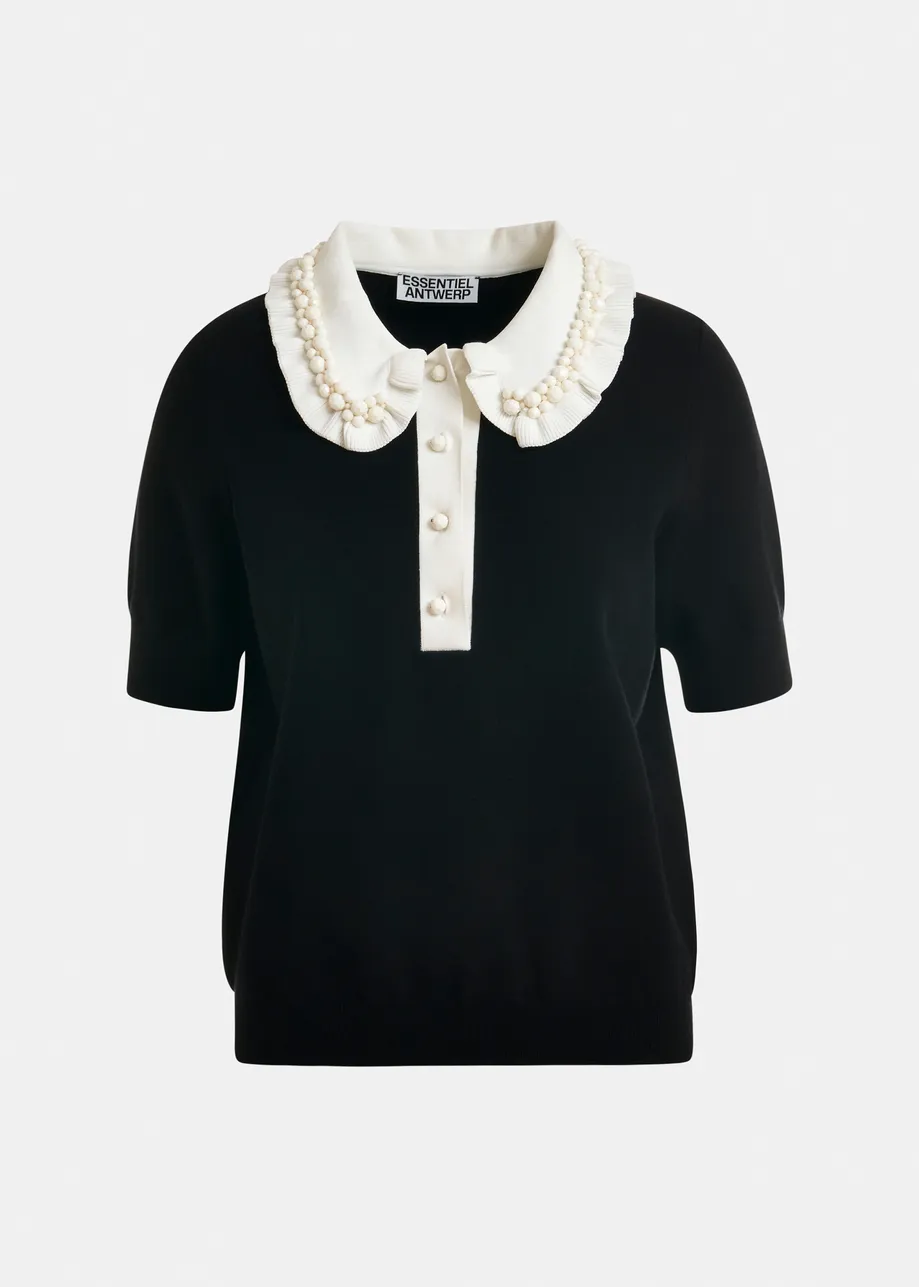 Black and off-white ruffle fine-knit polo top with bead embellishments
