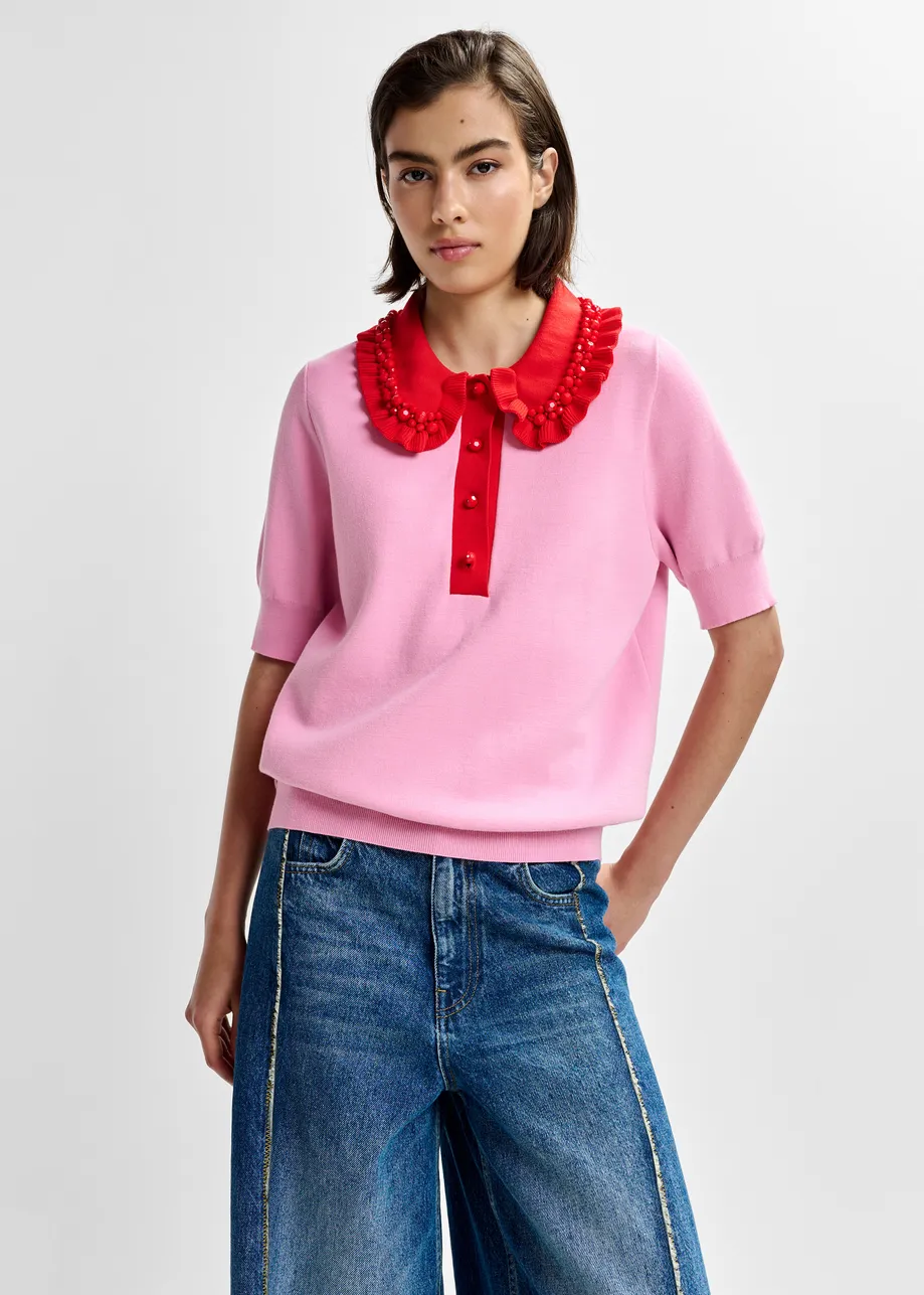 Pink and red ruffle fine-knit polo top with bead embellishments