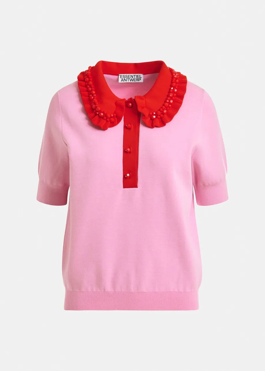 Pink and red ruffle fine-knit polo top with bead embellishments