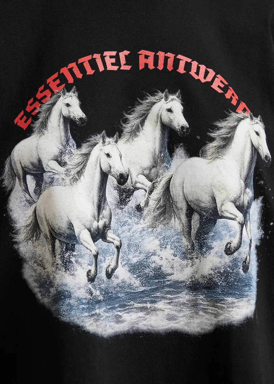Black, off-white and red running horses oversized T-shirt - Year of the Horse online-exclusive