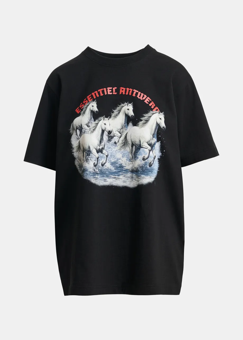 Black, off-white and red running horses oversized T-shirt - Year of the Horse online-exclusive
