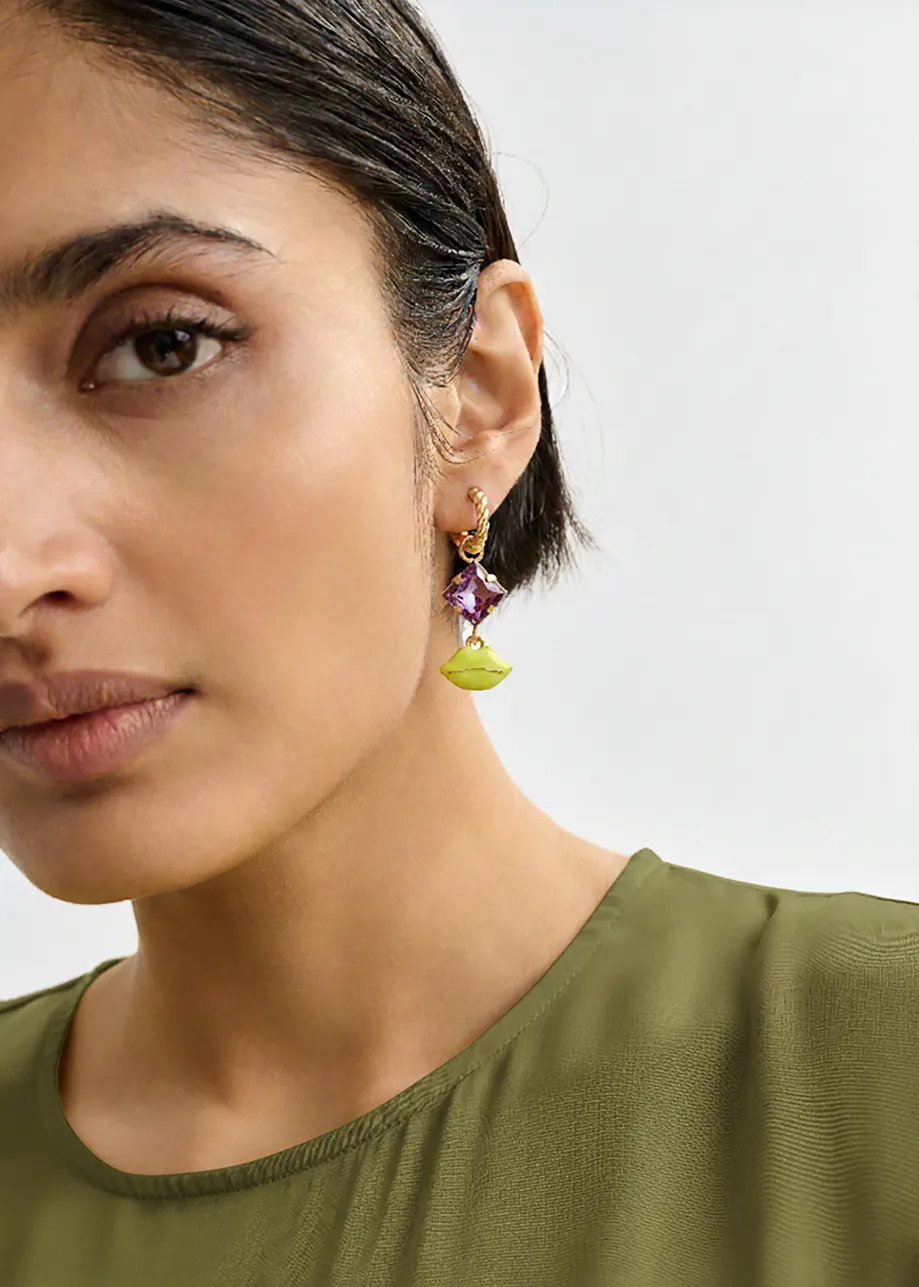 Gold hoop earrings with blue bird and yellow lips pendant