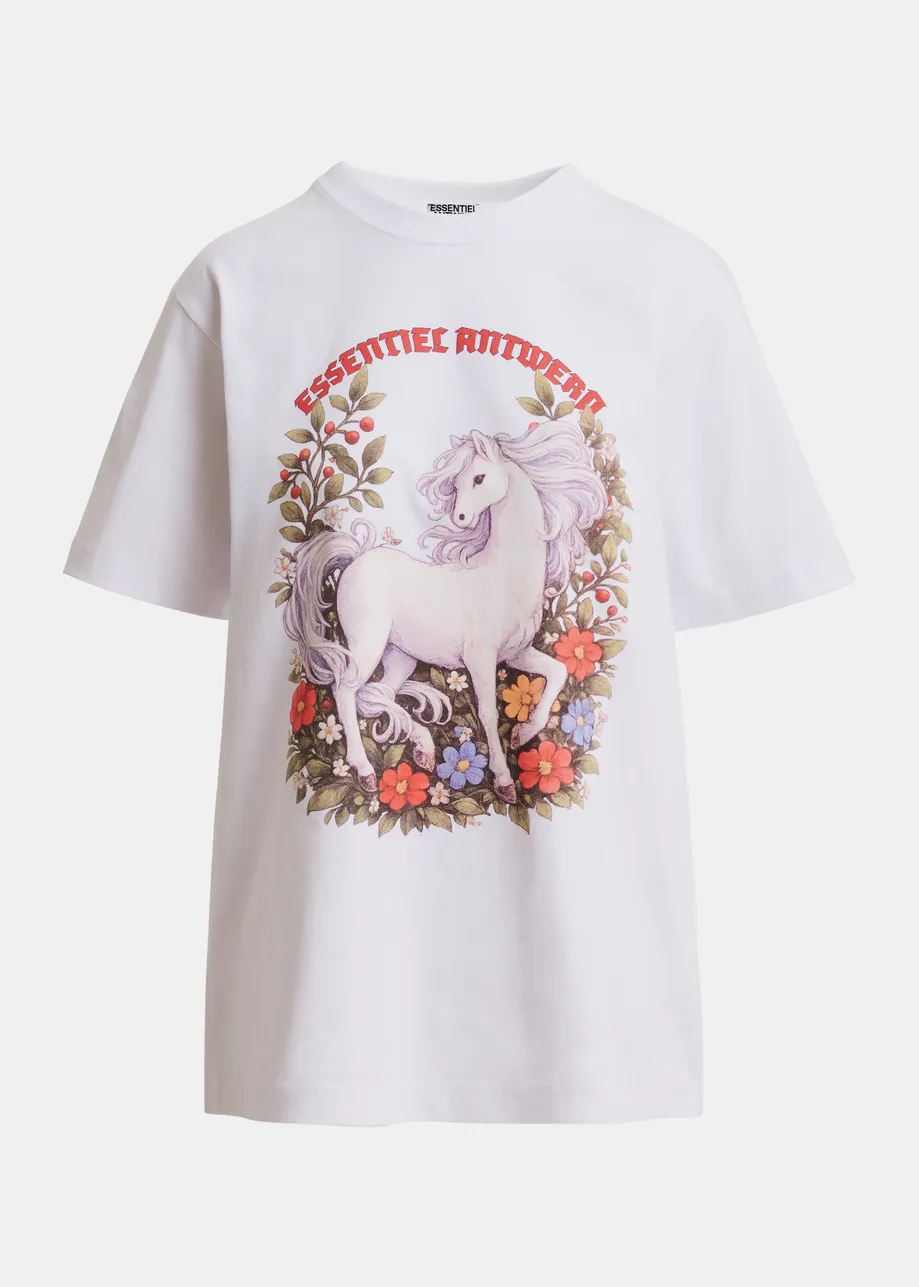 White and multicolor horse with floral motif oversized T-shirt - Year of the Horse online-exclusive