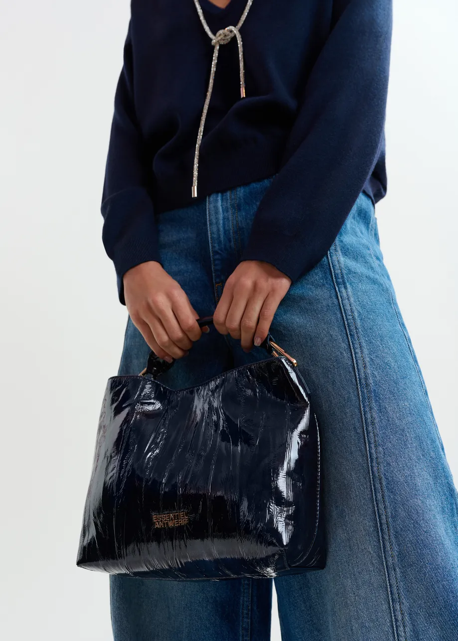 Zwarte mini-shopper in craquelé met verwijderbare schouderriem