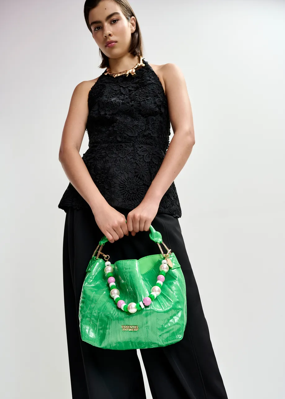 Groene mini-shopper in craquelé met verwijderbare schouderriem