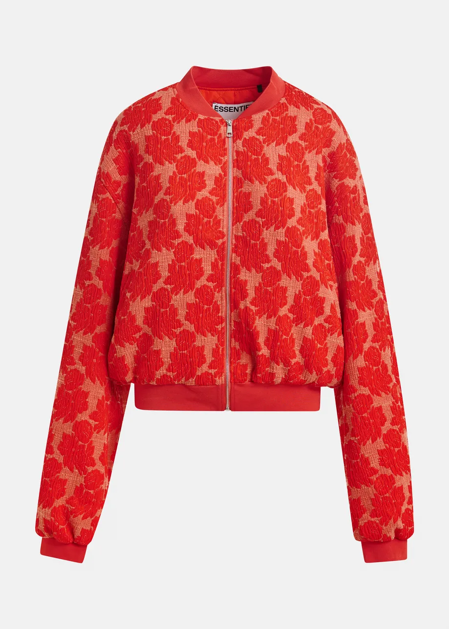 Red and orange quilted jacquard floral bomber jacket
