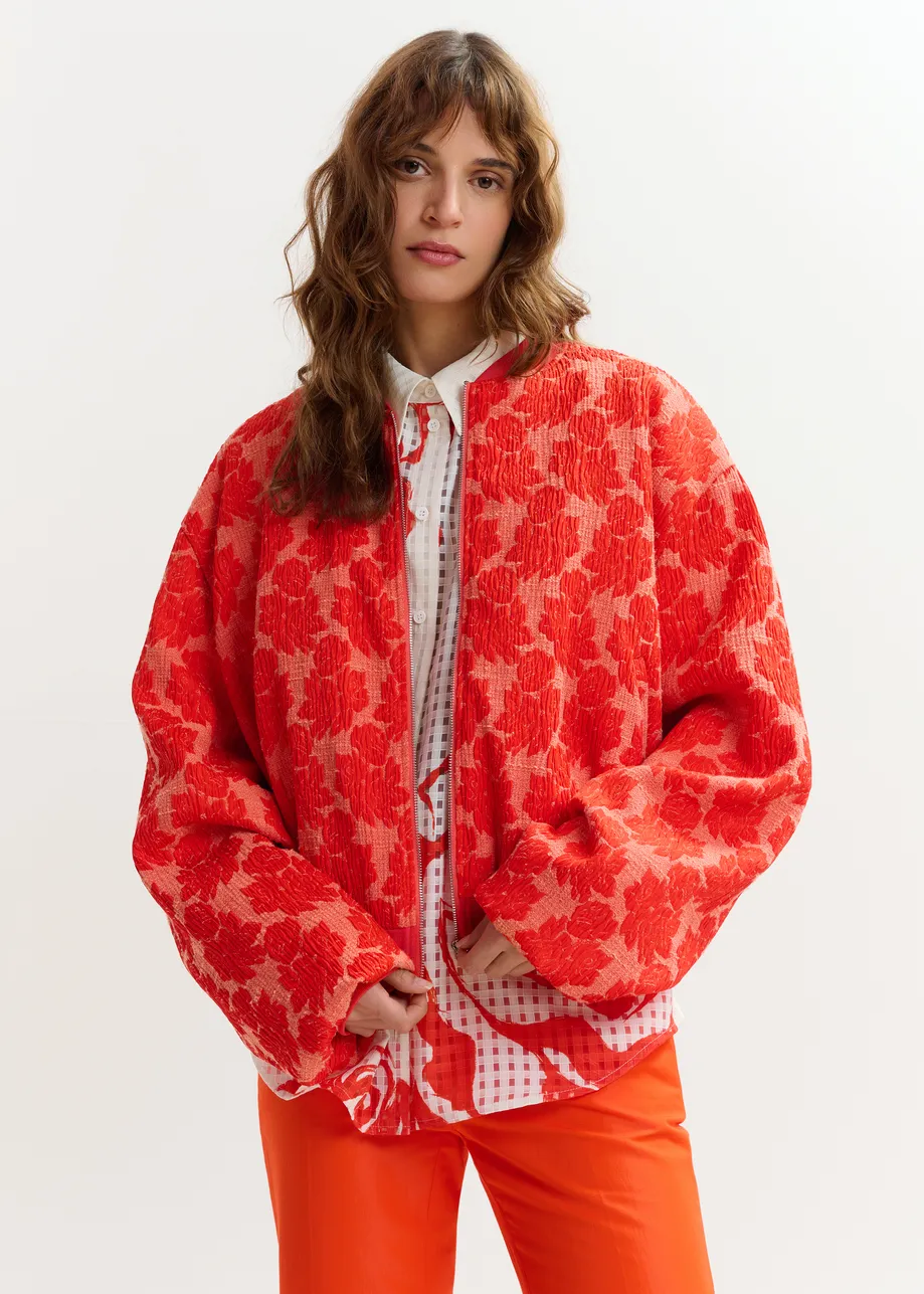 Red and orange quilted jacquard floral bomber jacket