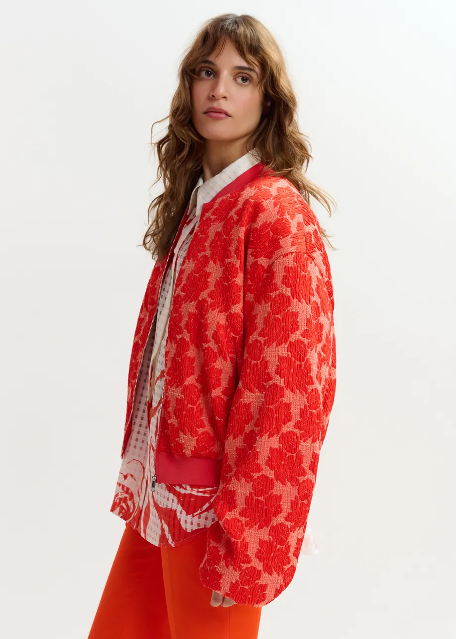 Red and orange quilted jacquard floral bomber jacket