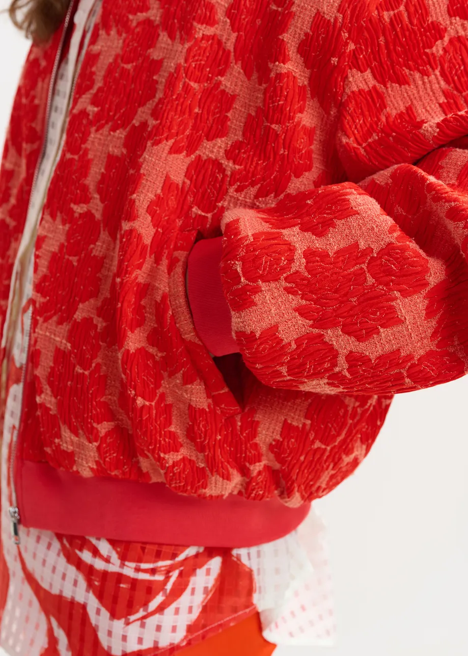 Red and orange quilted jacquard floral bomber jacket