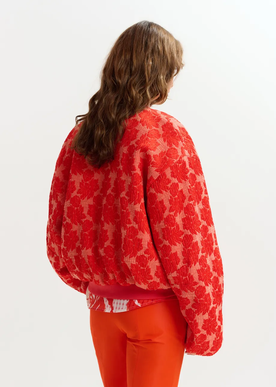Red and orange quilted jacquard floral bomber jacket