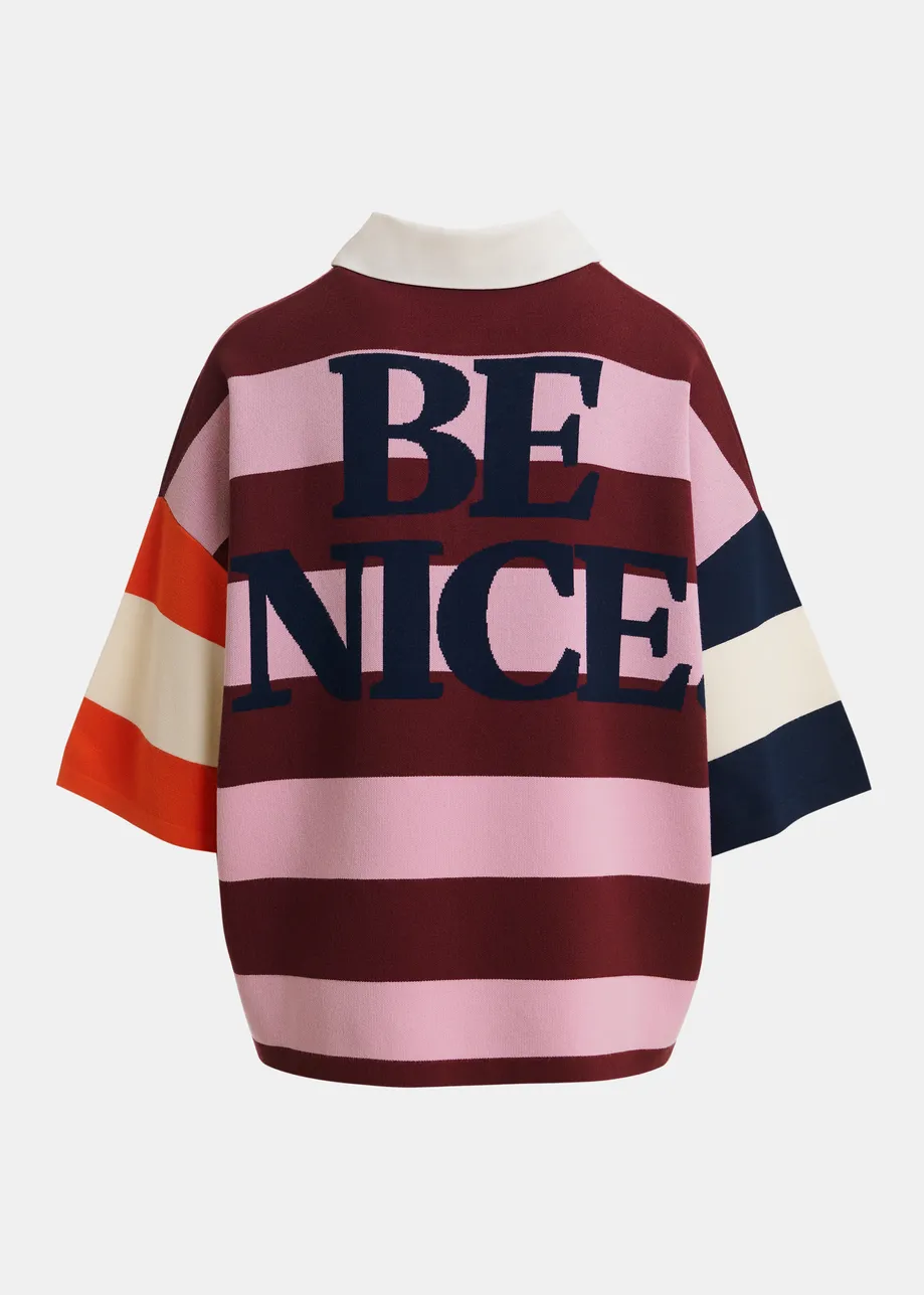 Pink and burgundy striped polo sweater with Peanuts™ patch and text