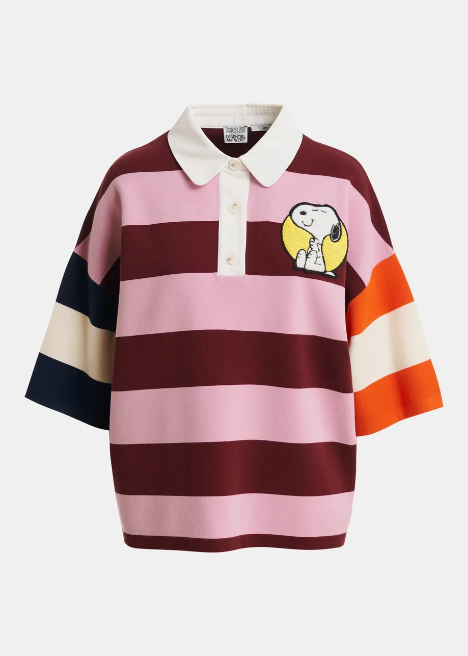 Pull polo à rayures rose et bordeaux avec écusson et texte Peanuts™