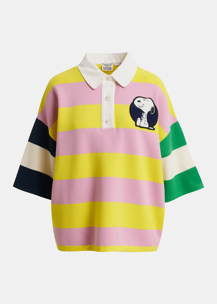 Lilac and yellow striped polo sweater with Peanuts™ patch and text