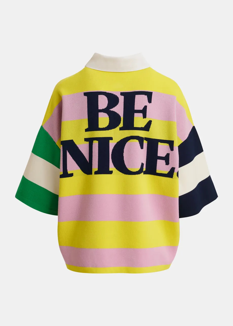 Lilac and yellow striped polo sweater with Peanuts™ patch and text