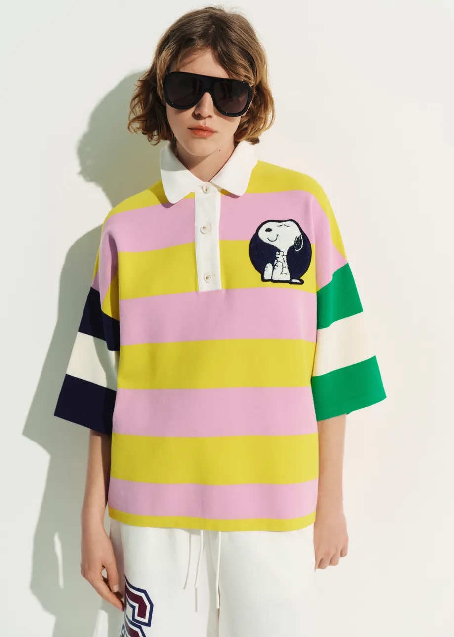 Lilac and yellow striped polo sweater with Peanuts™ patch and text