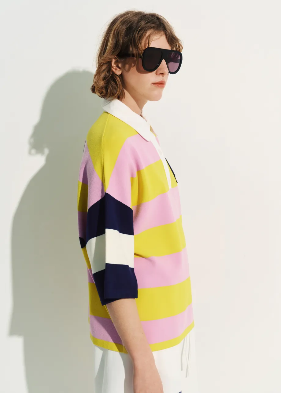 Lilac and yellow striped polo sweater with Peanuts™ patch and text