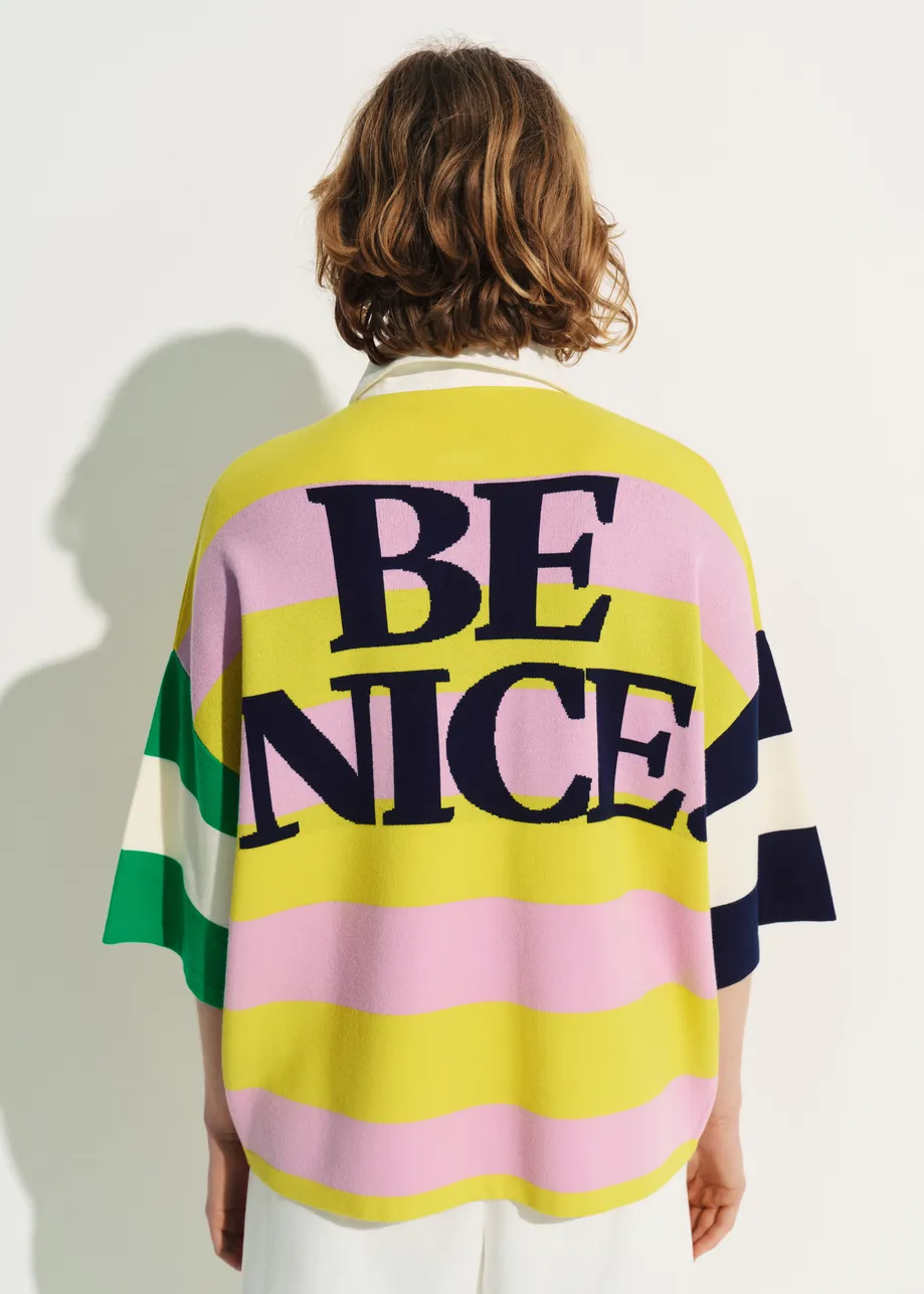 Lilac and yellow striped polo sweater with Peanuts™ patch and text