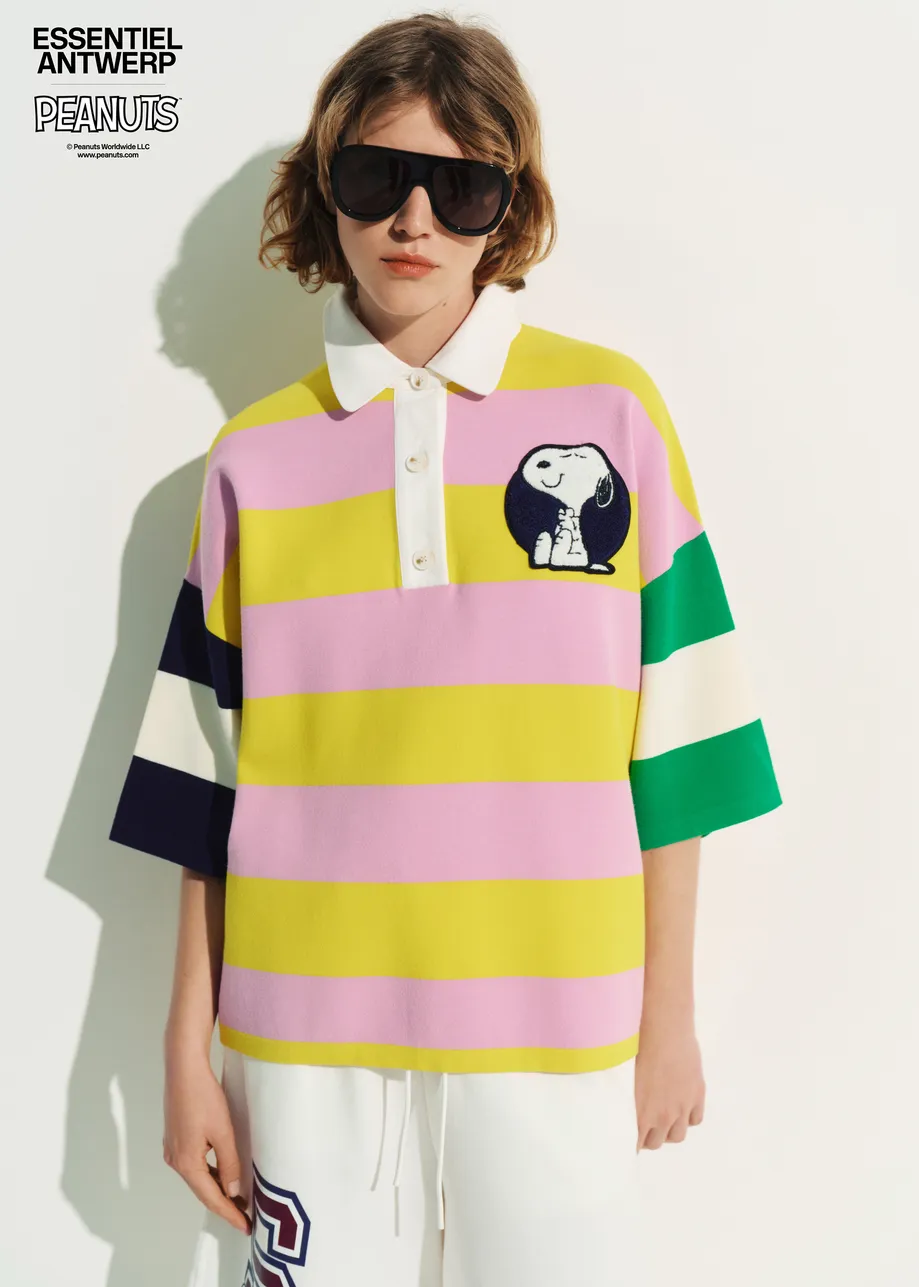 Lila en geel gestreepte polo sweater met Peanuts™ patch en tekst