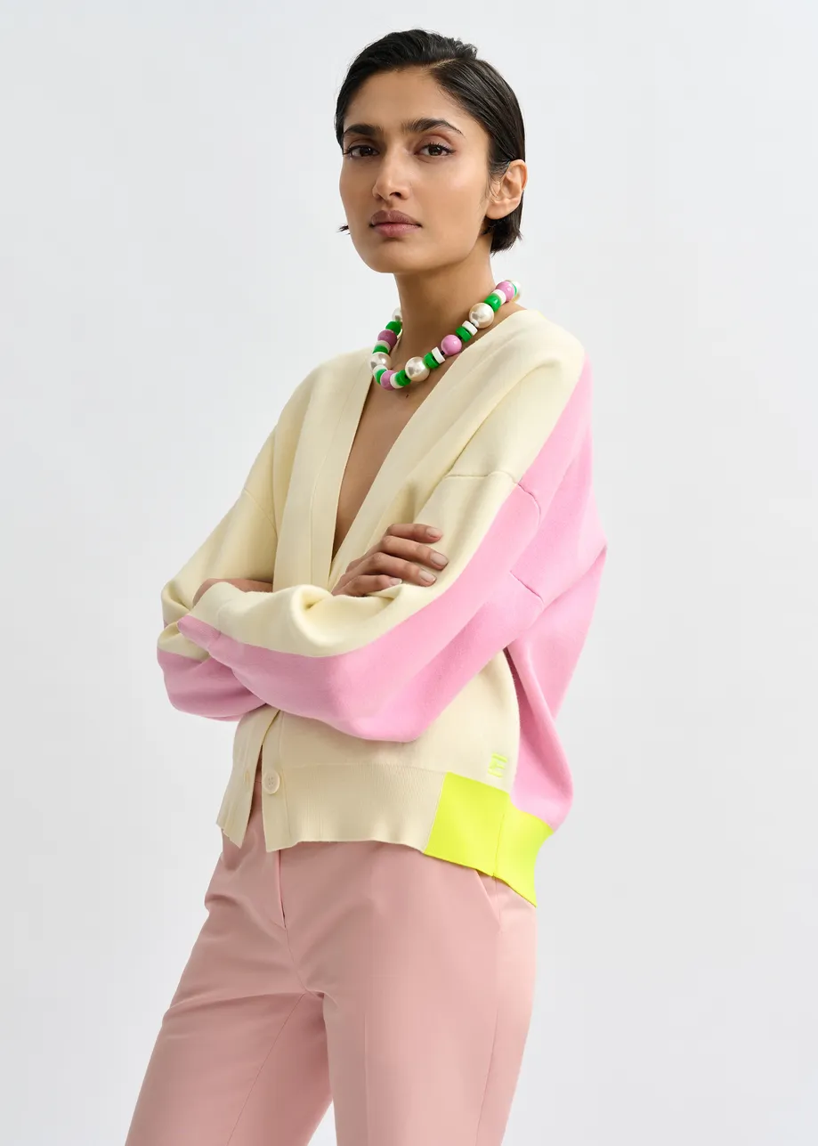Off-white, pink and yellow colorblock fine-knit cardigan
