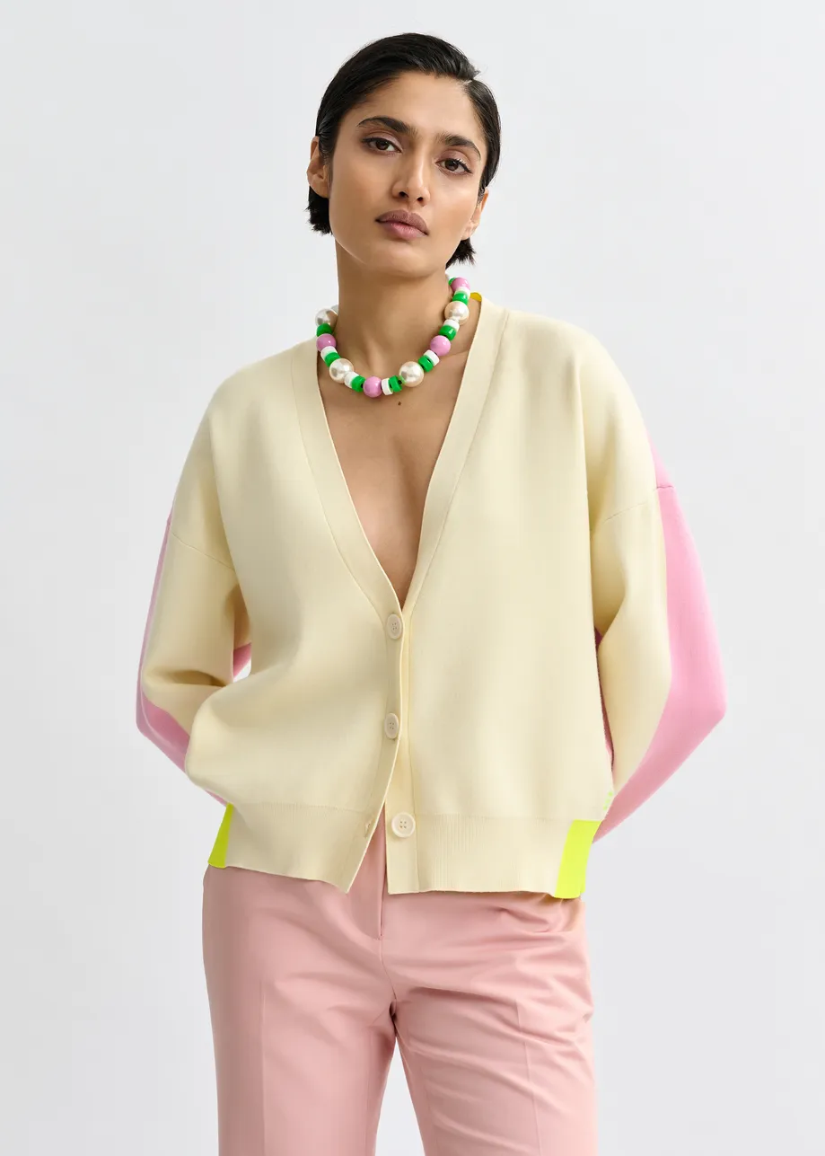 Off-white, pink and yellow colorblock fine-knit cardigan