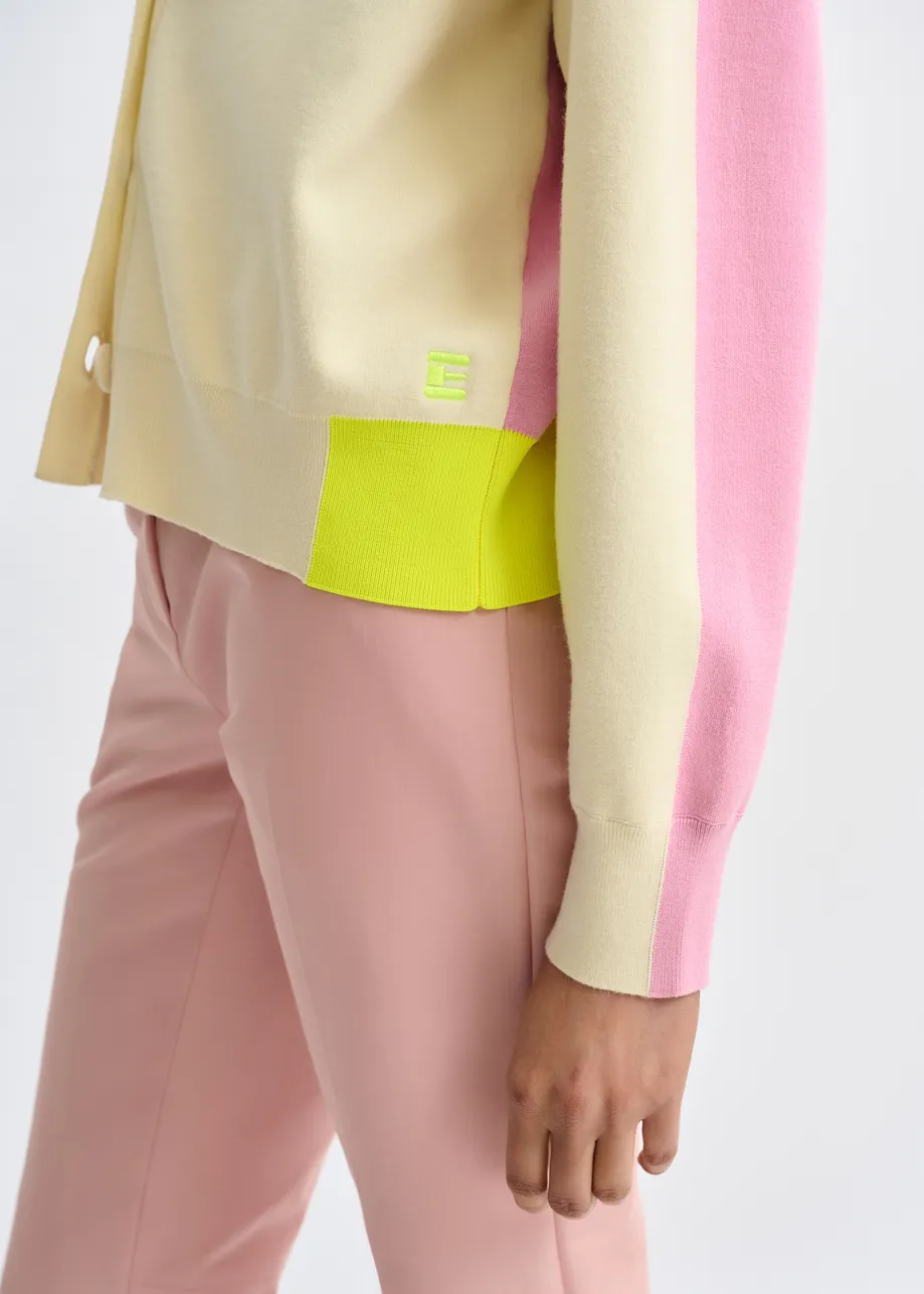 Off-white, pink and yellow colorblock fine-knit cardigan