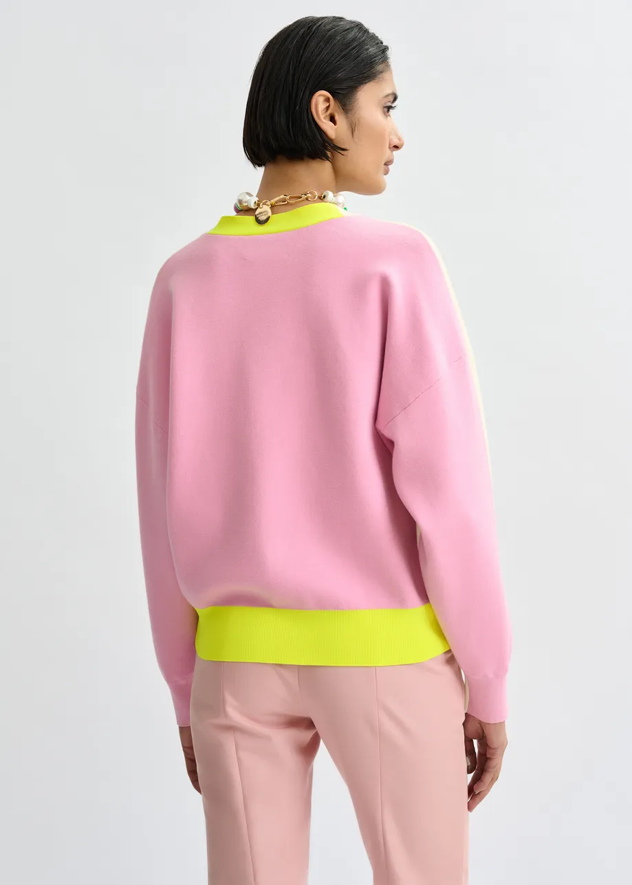 Off-white, pink and yellow colorblock fine-knit cardigan