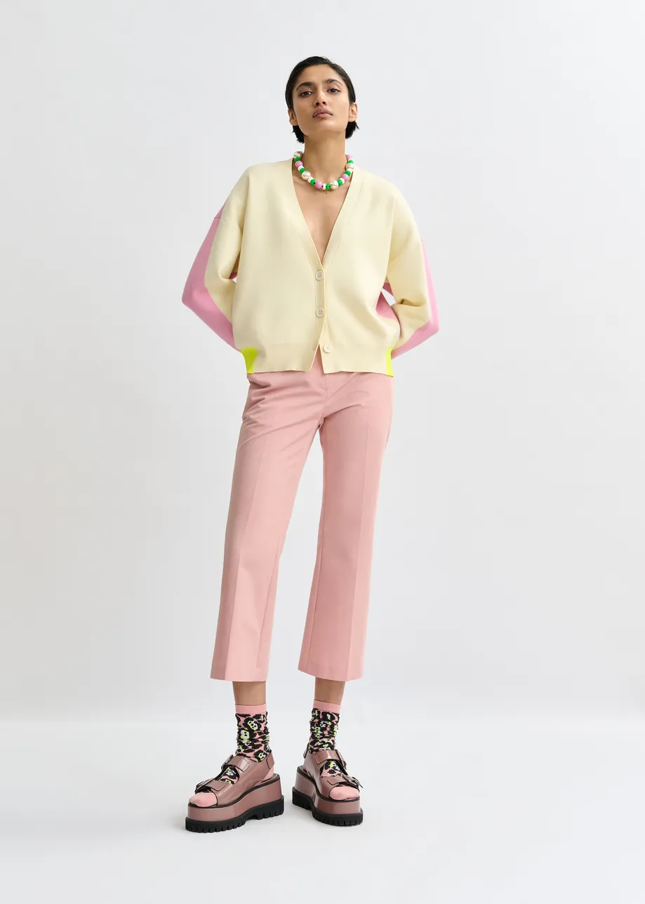 Off-white, pink and yellow colorblock fine-knit cardigan