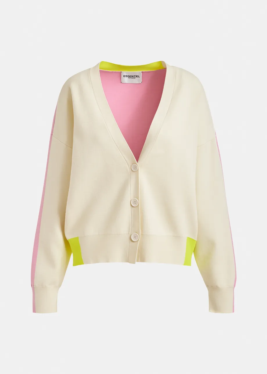 Off-white, pink and yellow colorblock fine-knit cardigan