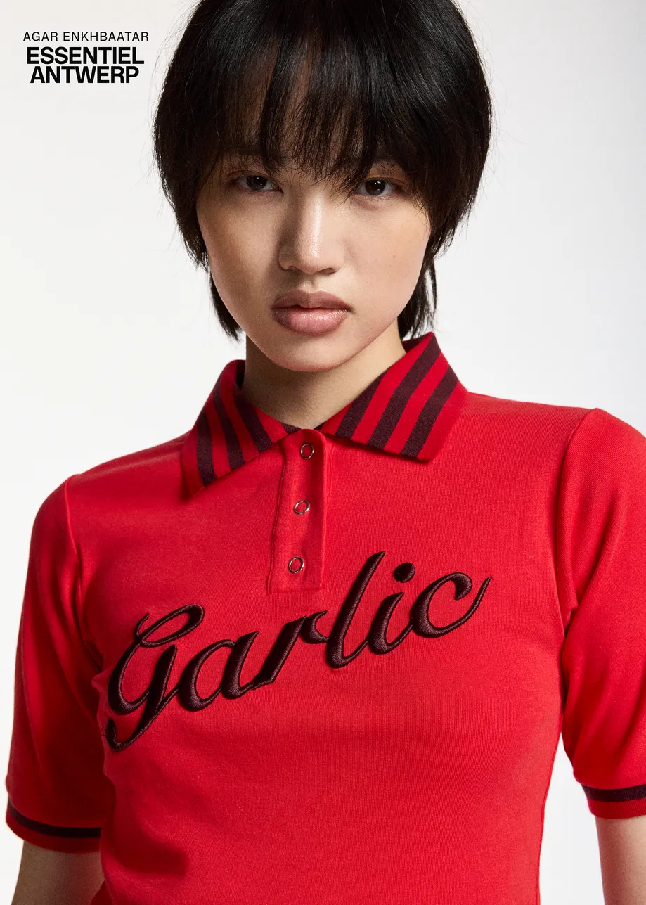 Red and burgundy garlic-embroidered polo