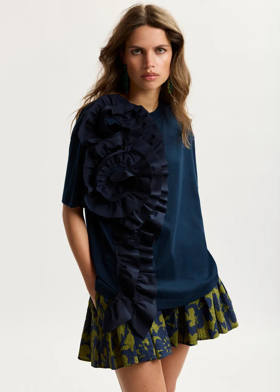 Navy cotton T-shirt with oversized floral ruffle detail