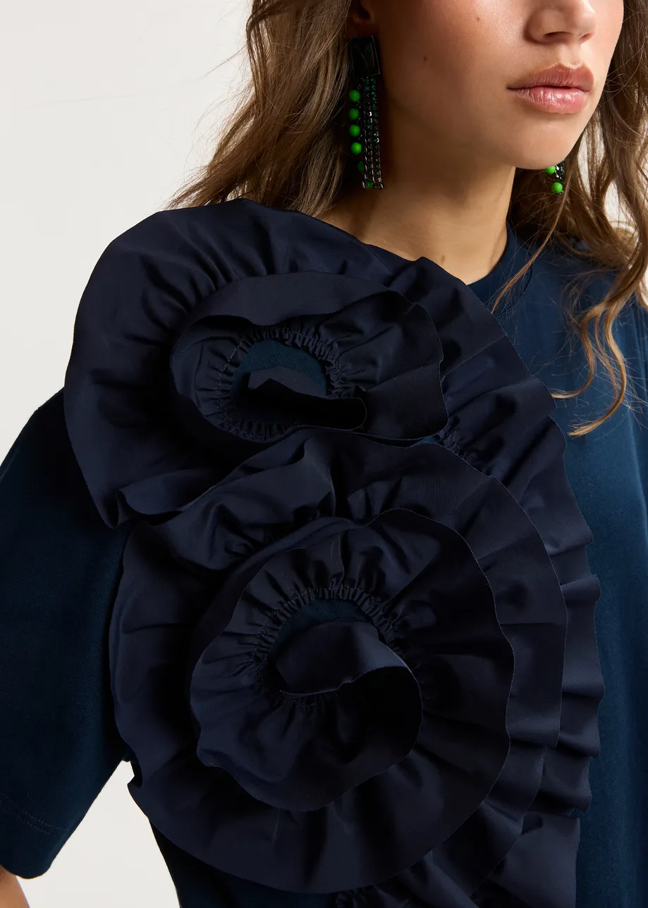 Navy cotton T-shirt with oversized floral ruffle detail