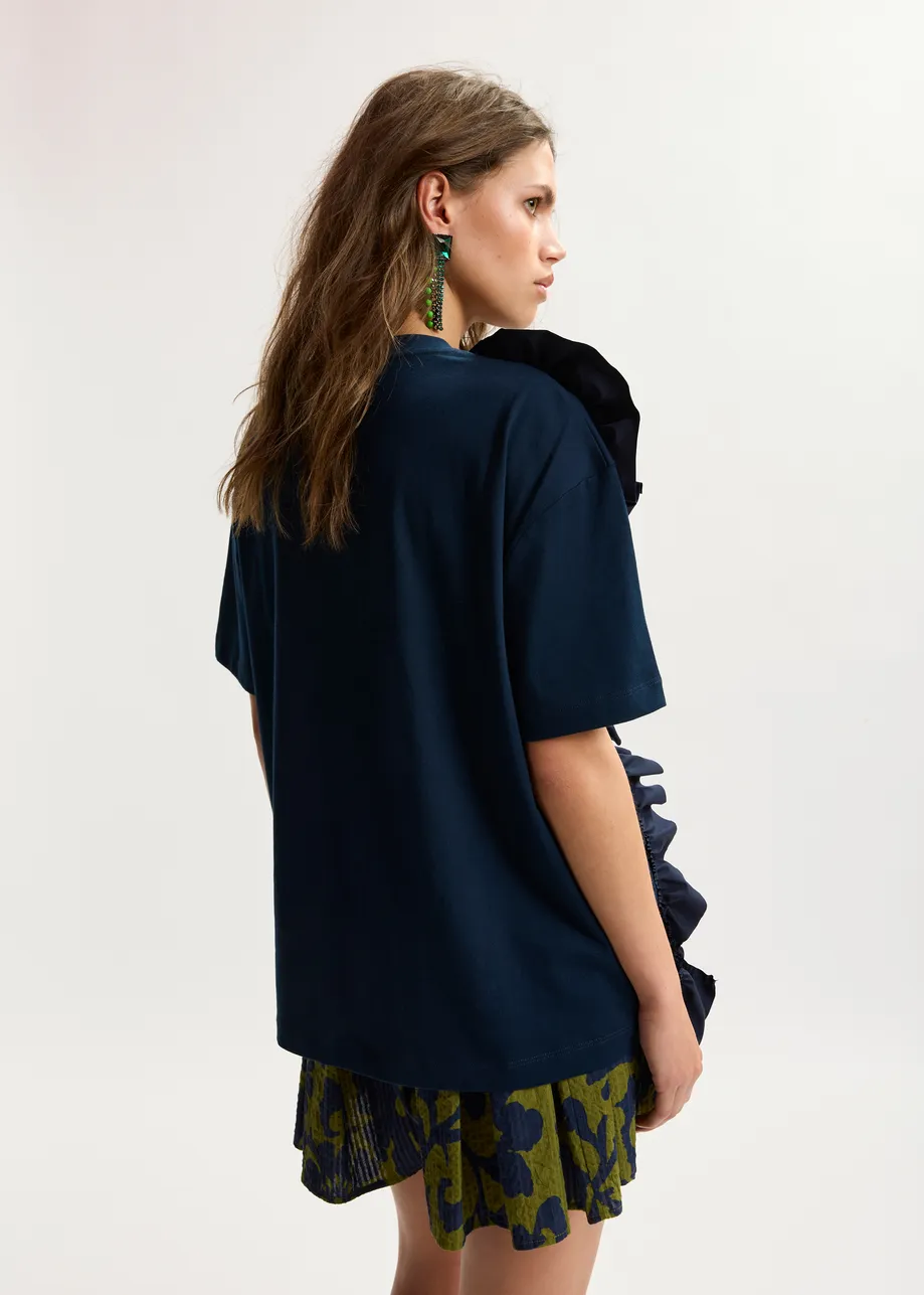 Navy cotton T-shirt with oversized floral ruffle detail