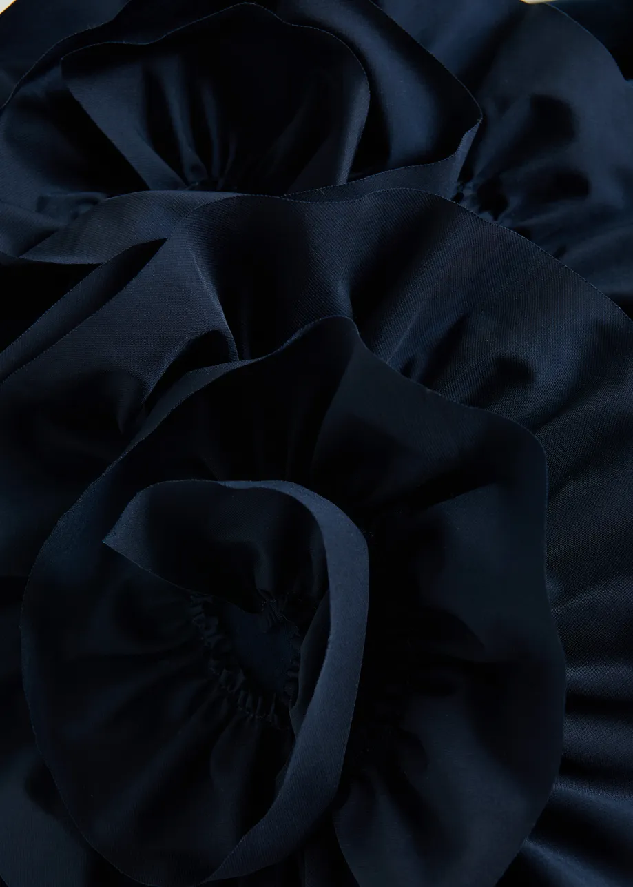 Navy cotton T-shirt with oversized floral ruffle detail